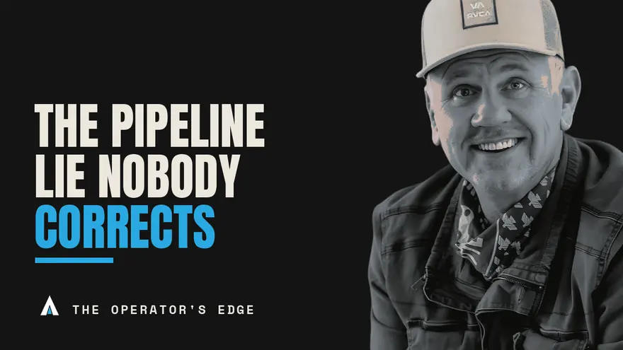 Title-card treatment A: dark card with a black-and-white cut-out photo of host Steve Schmidt at right and the placeholder headline &lsquo;The pipeline lie nobody corrects&rsquo;. Only the word &lsquo;corrects&rsquo; and the rule under it carry colour. Mono wordmark and triangle logo sit bottom left.