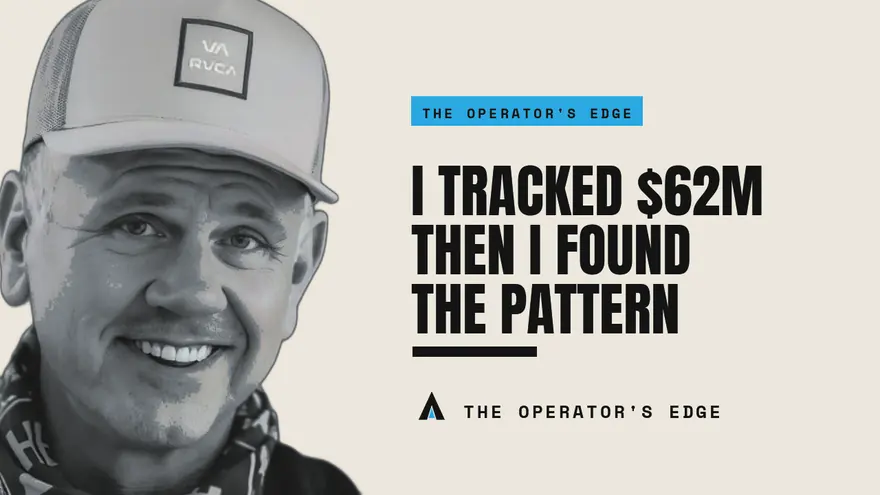 Title-card treatment B: cream card with a black-and-white photo of Steve Schmidt at left, a small blue chip reading &lsquo;The Operator&rsquo;s Edge&rsquo; at top right, and the headline &lsquo;I tracked $62M then I found the pattern&rsquo; in near-black.