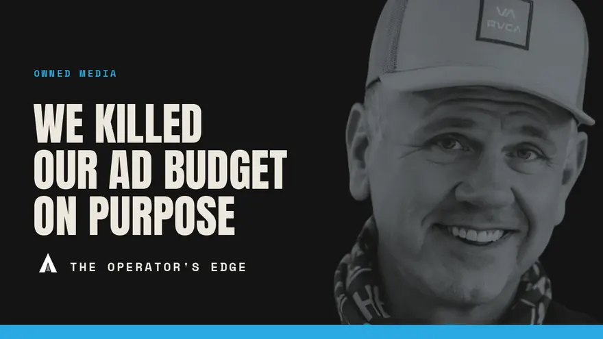 Title-card treatment C: dark card with a black-and-white photo of Steve Schmidt at right, a small blue mono label reading &lsquo;Owned media&rsquo;, the placeholder headline &lsquo;We killed our ad budget on purpose&rsquo;, and a blue bar across the bottom edge.