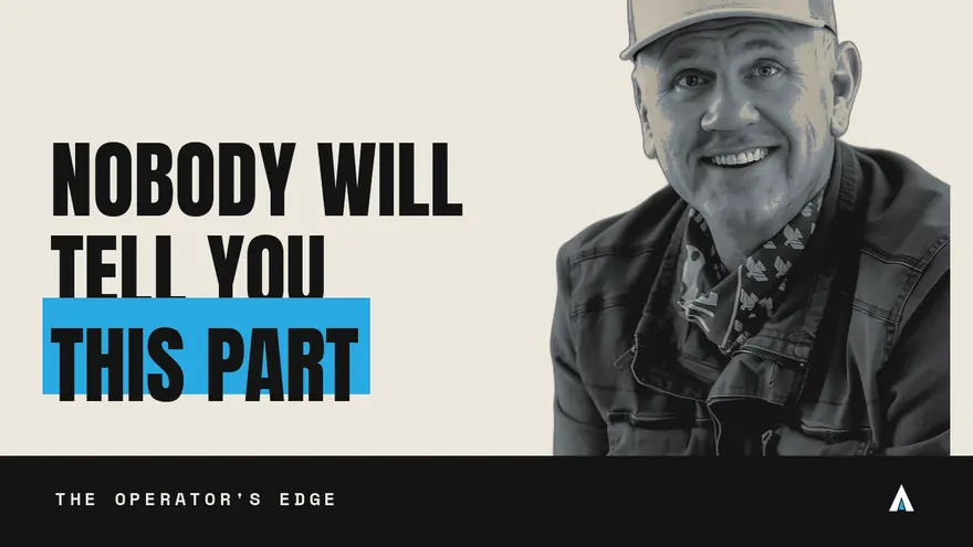 Title-card treatment D: cream card with a black-and-white photo of Steve Schmidt at right and the placeholder headline &lsquo;Nobody will tell you this part&rsquo;, with &lsquo;this part&rsquo; knocked out of a blue block, above a dark footer strip.