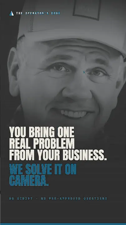 Vertical black-and-white trailer poster frame reading &lsquo;You bring one real problem from your business.&rsquo; in bone, then &lsquo;We solve it on camera.&rsquo; in signal blue, with &lsquo;No script &middot; no pre-approved questions&rsquo; set small beneath it.